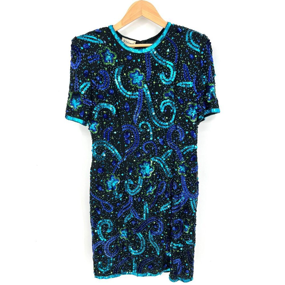 STÉNAY Sequin Shift Midi Dress Womens Size L Vintage 80's Black Blue Silk Lined